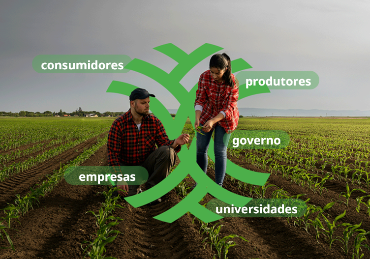 Ecossistema colaborativo da Cidade do Agro com produtores, empresas, governo, universidades e consumidores.